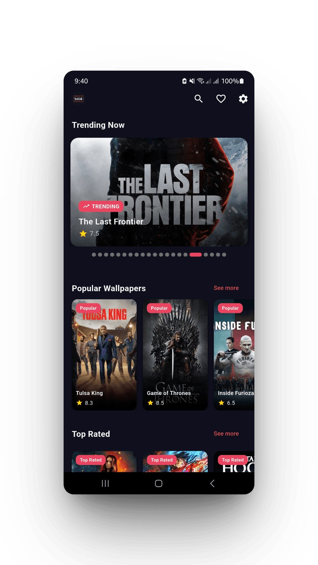 MovieWalls home feed with Trending Now, Popular Wallpapers and Top Rated