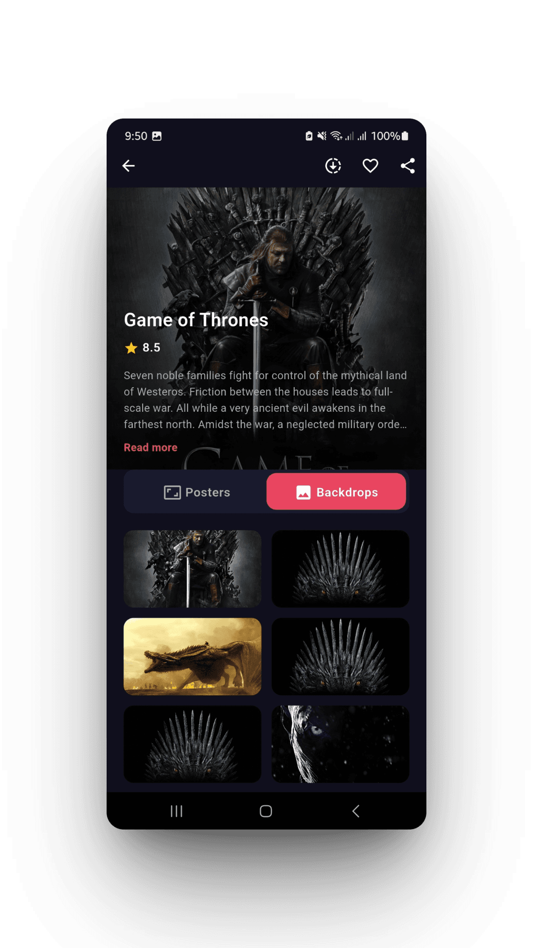 Game of Thrones detail screen showing the Backdrops gallery