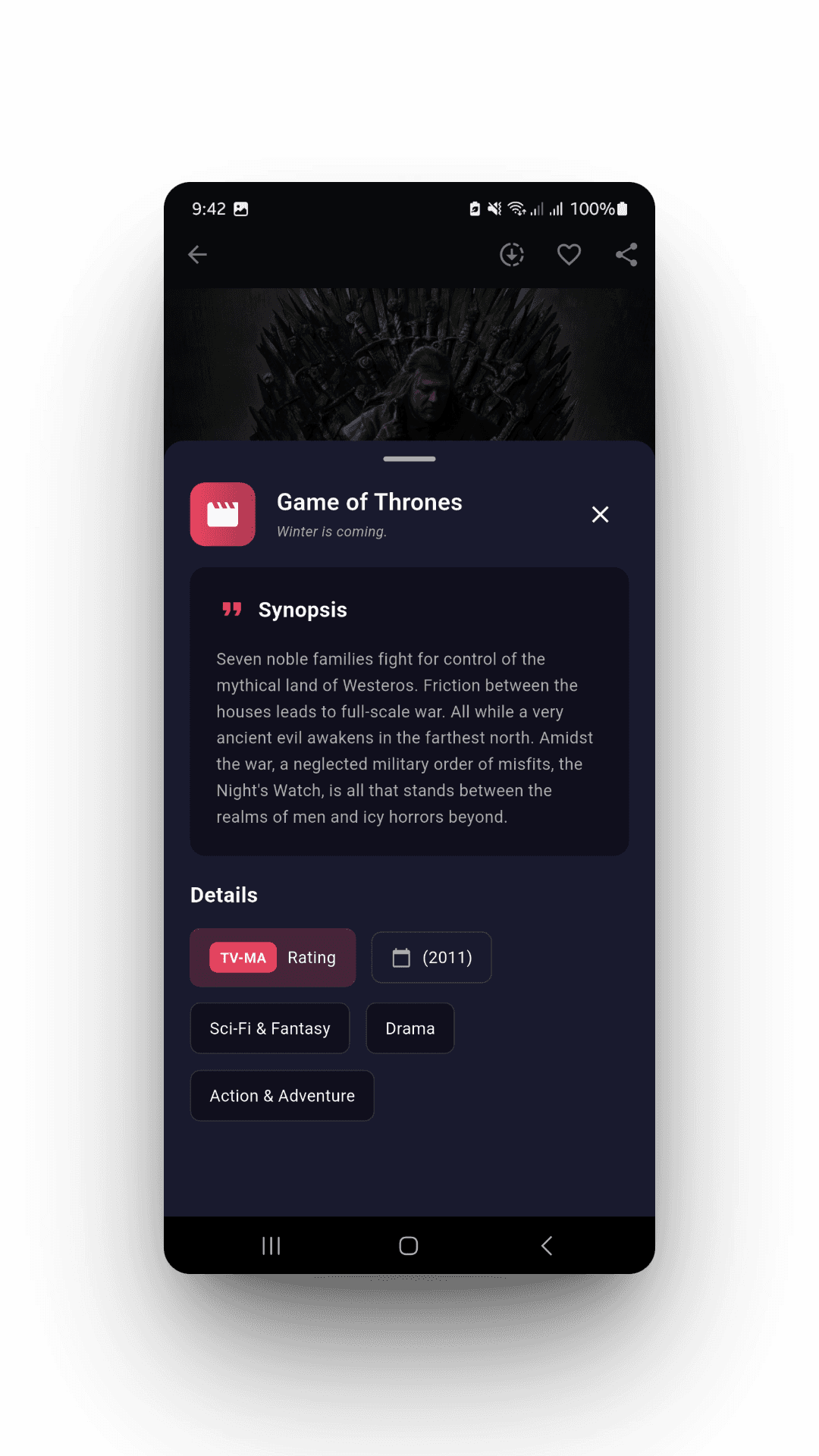 Title synopsis and details bottom sheet with rating, year and genres