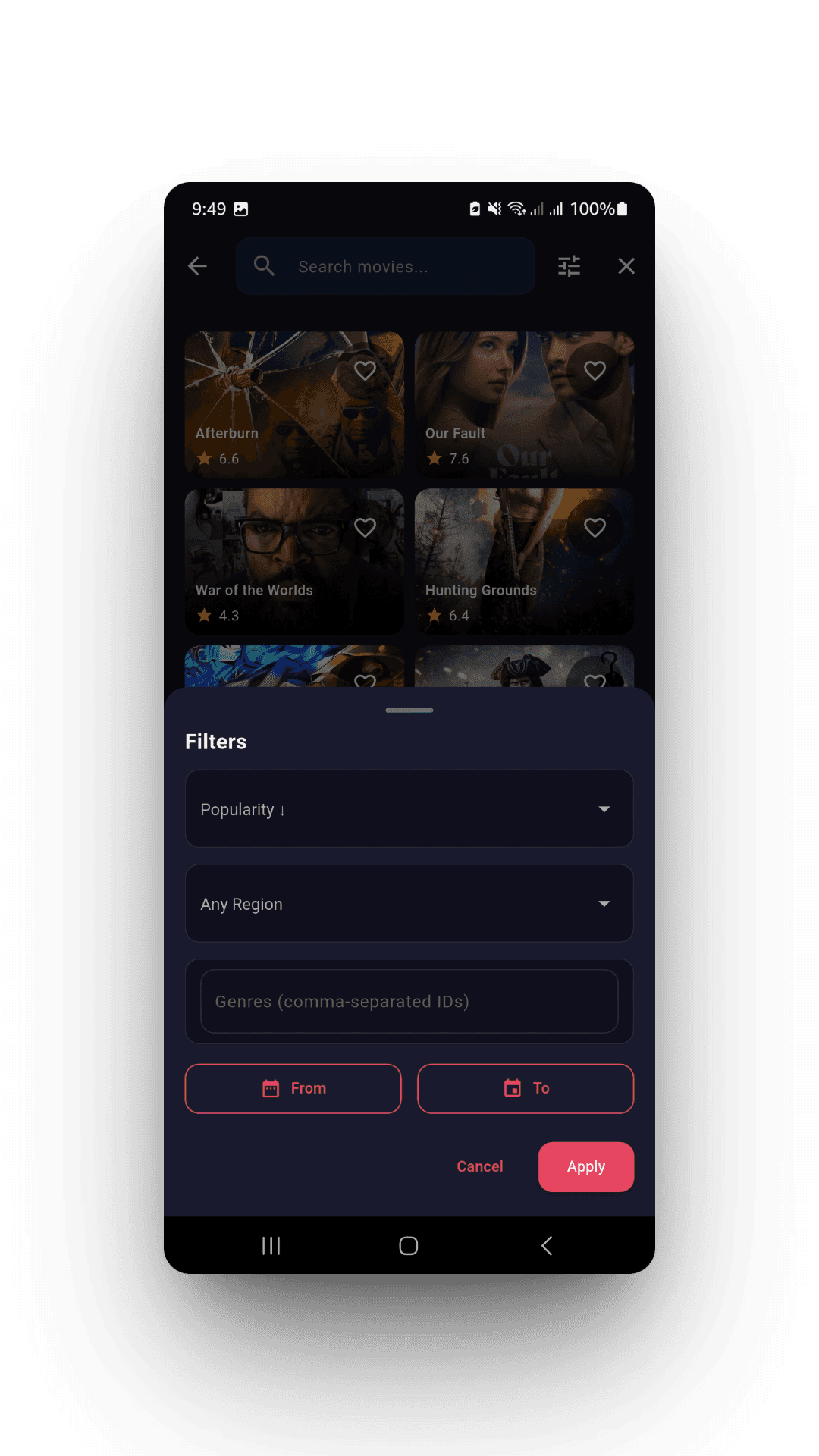 Search screen with the Filters sheet for popularity, region, genre and date range