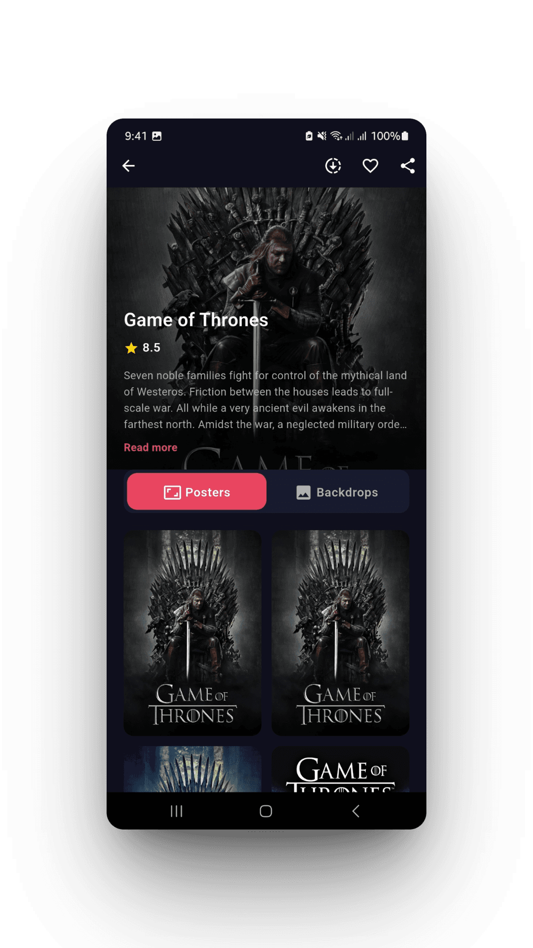 Game of Thrones detail screen showing the Posters gallery