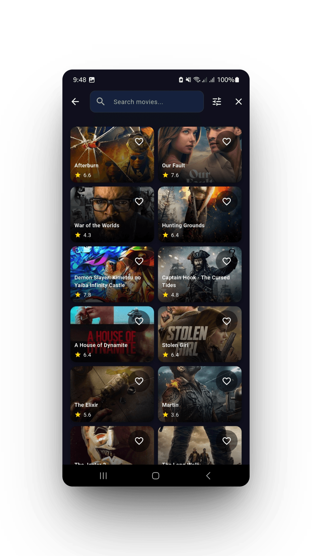 Search results grid with favorite icons on every poster